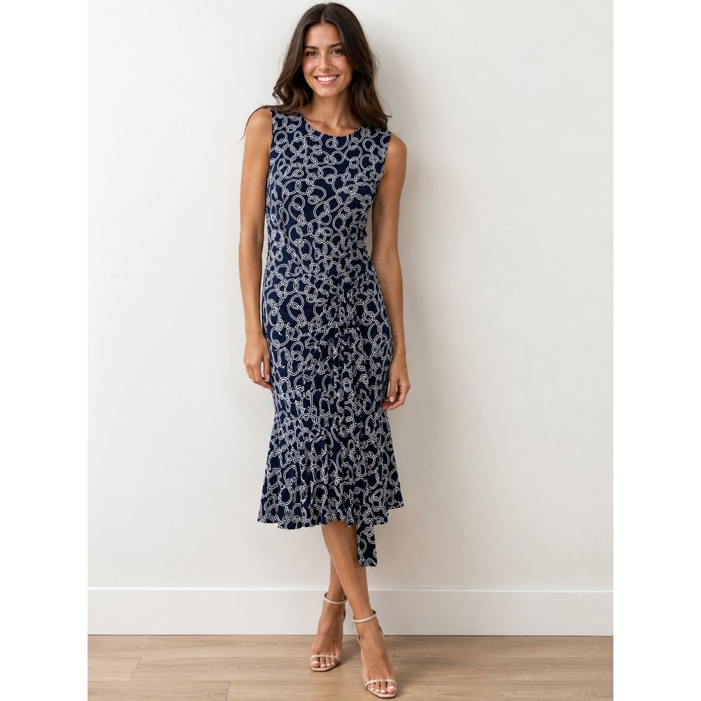 Lauren Ralph Lauren Navy Blue White Chain Link Midi Dress Womens 14 Coastal
